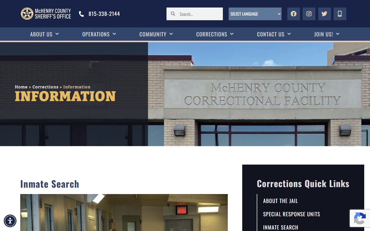 McHenry County Sheriff corrections information page with jail roster and inmate records links