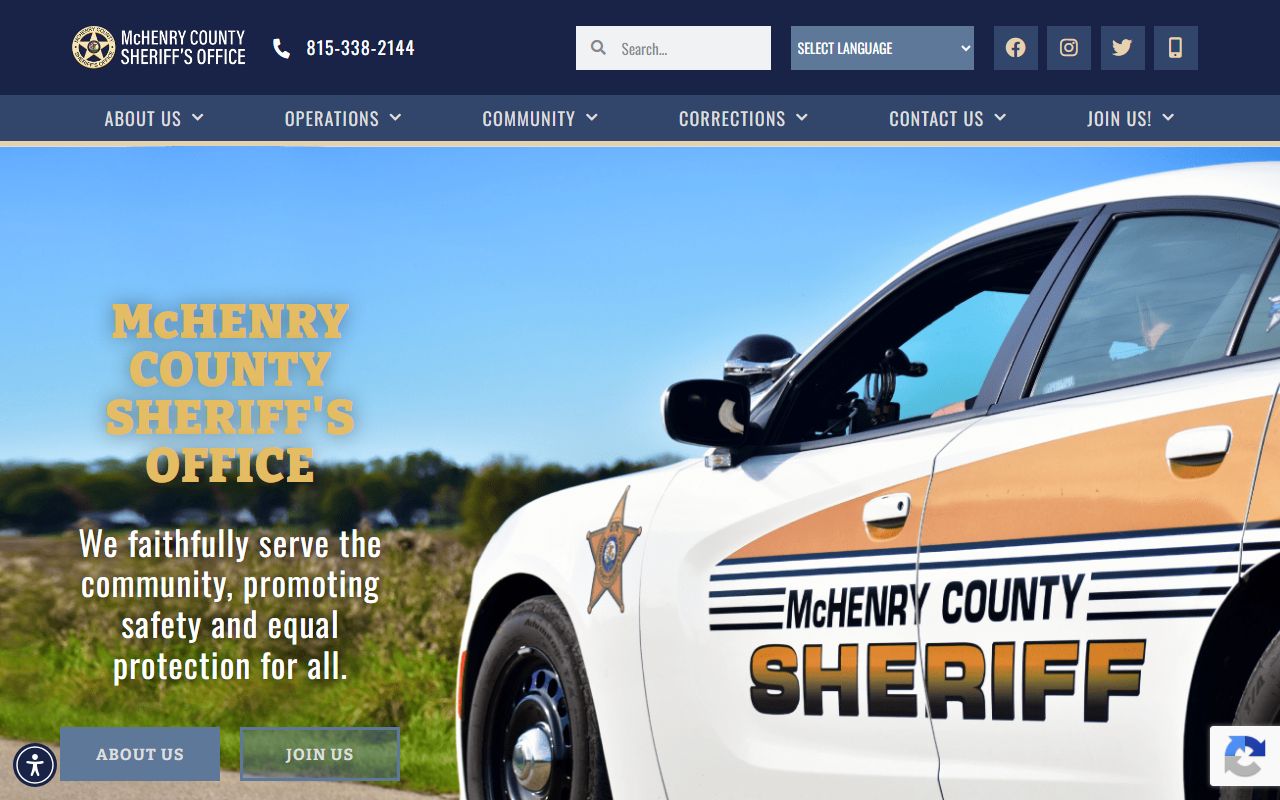McHenry County Sheriff homepage with inmate search and roster links for the inmate population