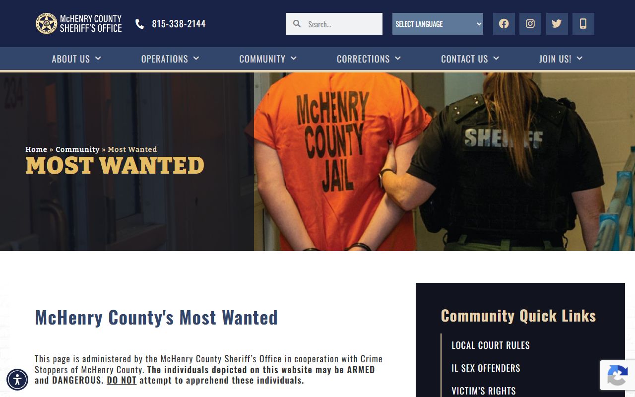 McHenry County Sheriff most wanted page related to warrants and arrests